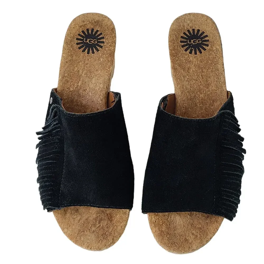 Uggs black suede fringed espadrille slides, EUC, size 7